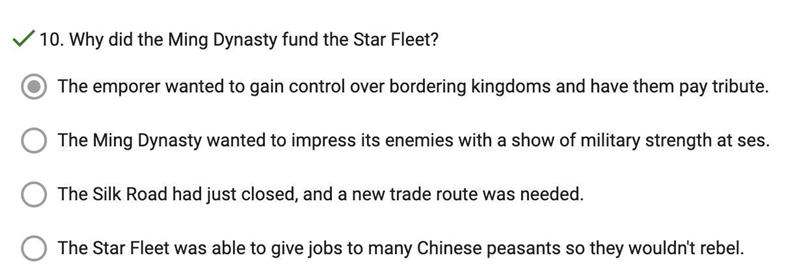 Why did the Ming Dynasty fund the Star Fleet? Select one: a.The Silk Road had just-example-1