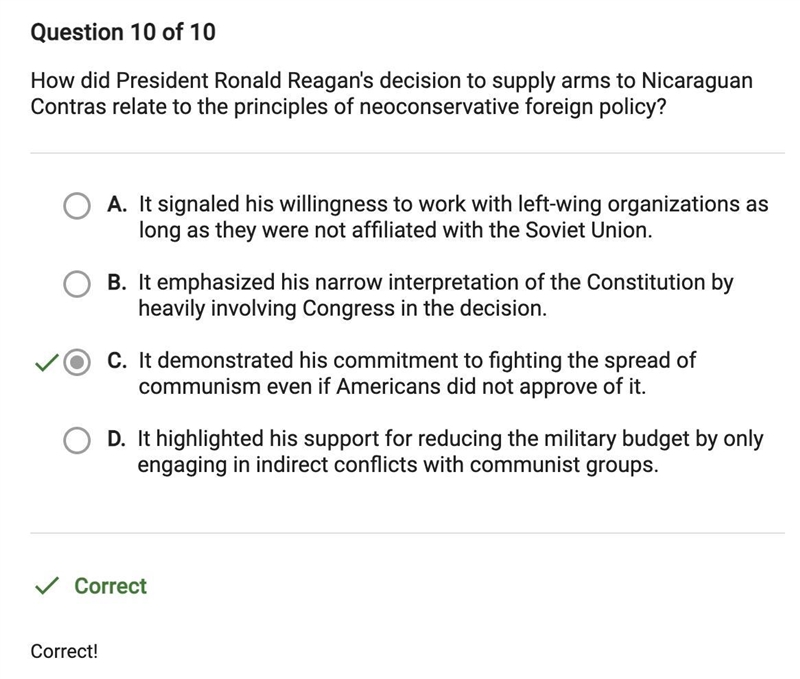 How did president Ronald Reagan's decision to supply arms to Nicaragua Contras relate-example-1