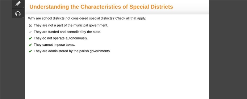 Why are school districts not considered special districts? Check all that apply. They-example-1