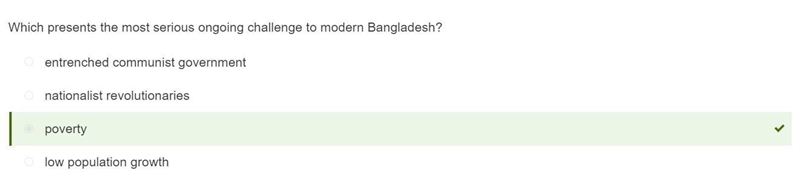 Which presents the most serious ongoing challenge to modern Bangladesh? entrenched-example-1