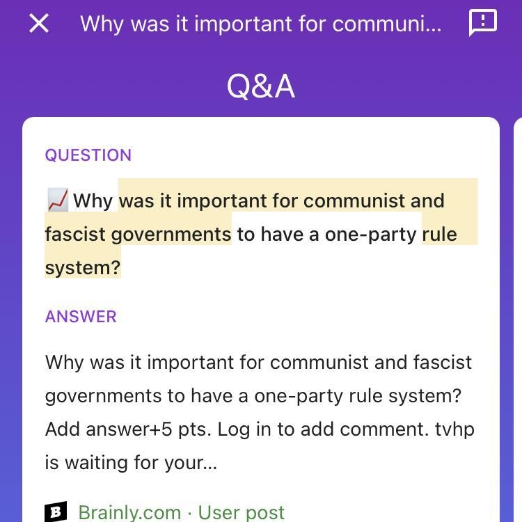 Why was it important for communist and fascist governments to have a one party rule-example-1