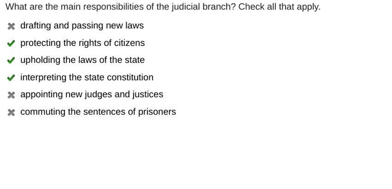 What are the responsibilities of the judicial branch? Check all that apply. managing-example-1