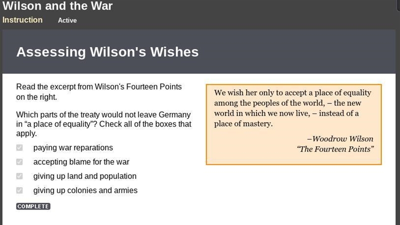 Read the excerpt from Wilson's Fourteen Points on the right. Which parts of the treaty-example-1