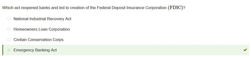 Which act reopened banks and led to creation of the Federal Deposit Insurance Corporation-example-1