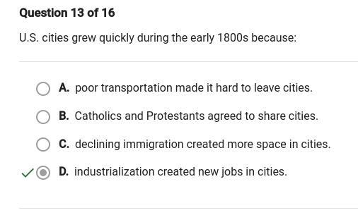 Us cities grew quickly during the early 1800s because:-example-1