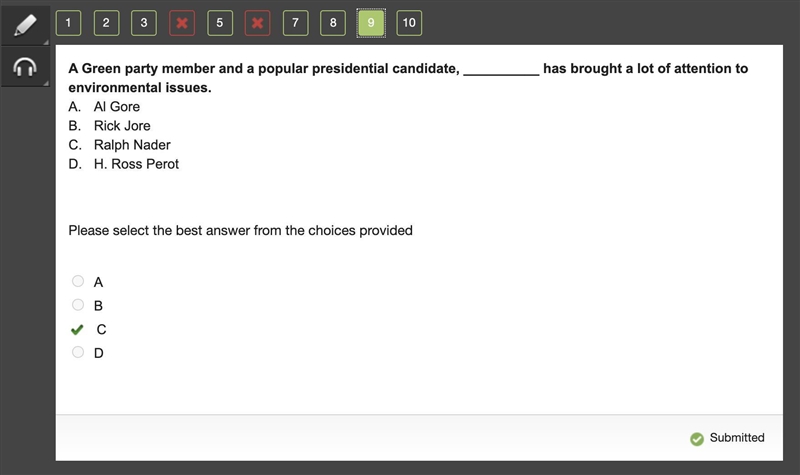 A green party member and a popular presidential candidate, ________ has brought a-example-1