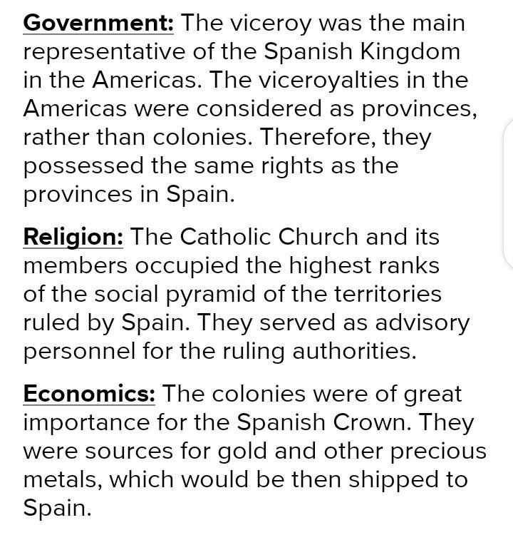 Describe the main charecteristics of government religion and economics in spains colonies-example-1