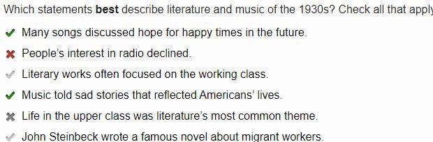 Which statements best describe literature and music of the 1930s? Check all that apply-example-1