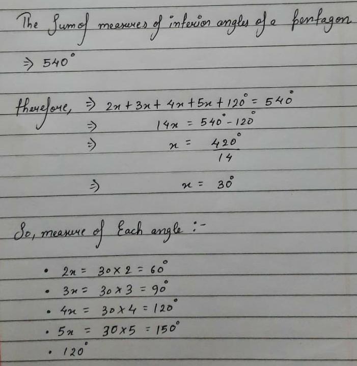 In a pentagon the measure of 4 angles are 2x°,3x°,4x°,5x° and the fifth angle measures-example-1