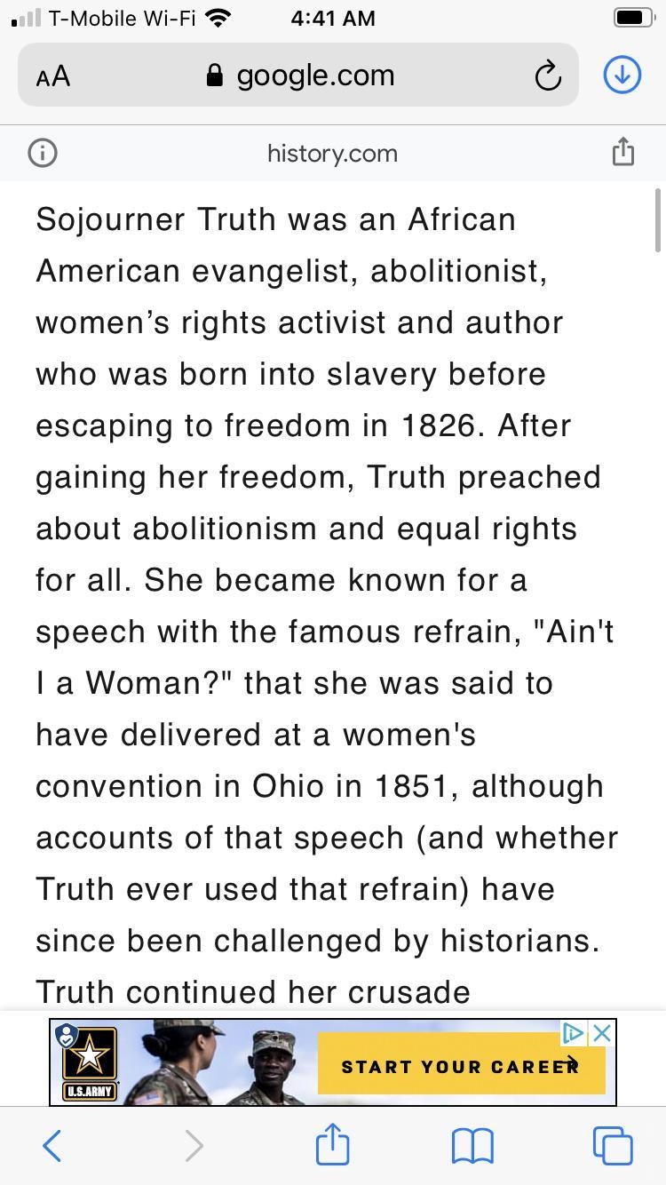 Explain the historical legacy and importance of Sojourner Truth.-example-1