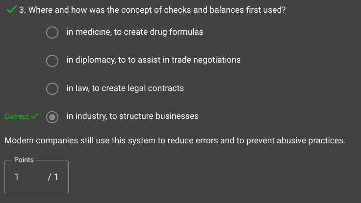 Where and how was the concept of checks and balances first used? A. in medicine, to-example-1