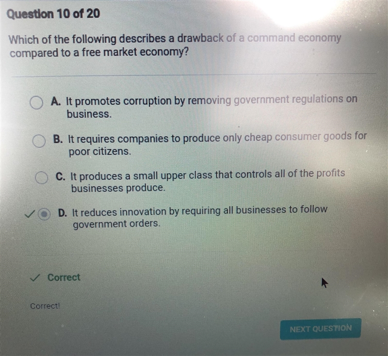 Which of the following describes a drawback of a command economy compared to a free-example-1