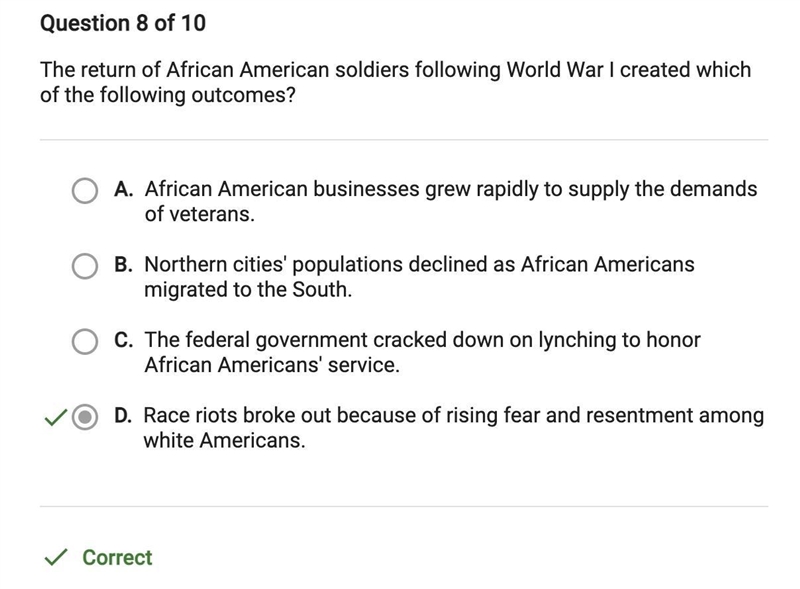 The return of African American soldiers following World War I created which of the-example-1