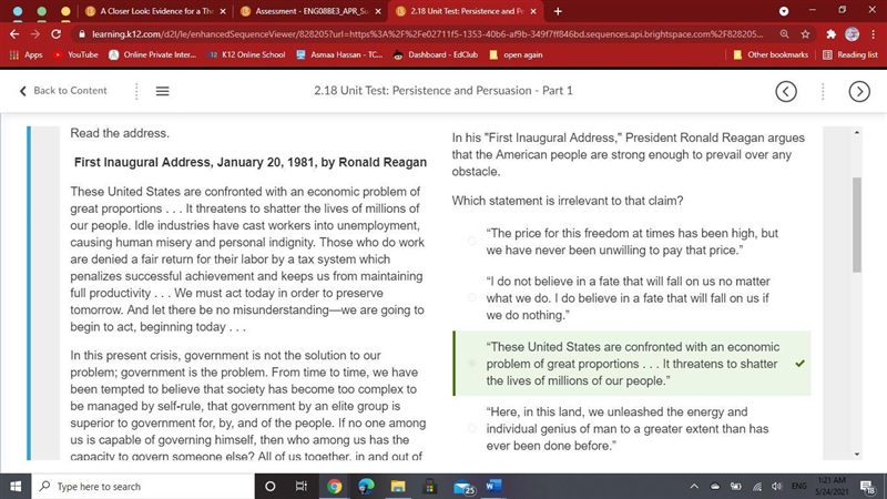 In his "First Inaugural Address," President Ronald Reagan argues that the-example-1