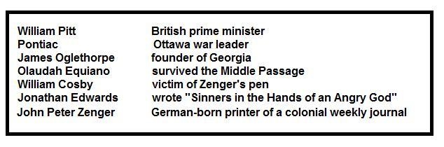 William Pitt Pontiac James Oglethorpe Olaudah Equiano William Cosby Jonathan Edwards-example-1