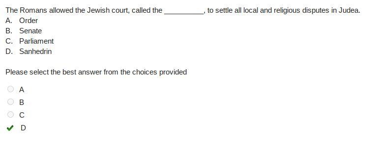 The Romans allowed the Jewish court, called the __________, to settle all local and-example-1