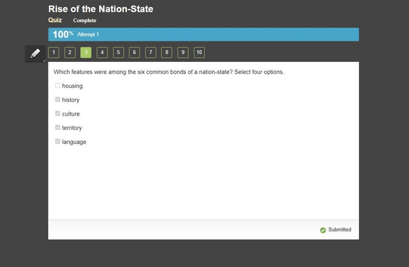 Which features were among the six common bonds of a nation-state? Select four options-example-1