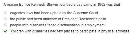 A reason Eunice Kennedy Shriver founded a day camp in 1962 was that eugenics laws-example-1