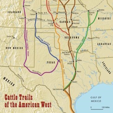 The development of towns in the areas where the cattle trails and railroads merged-example-1