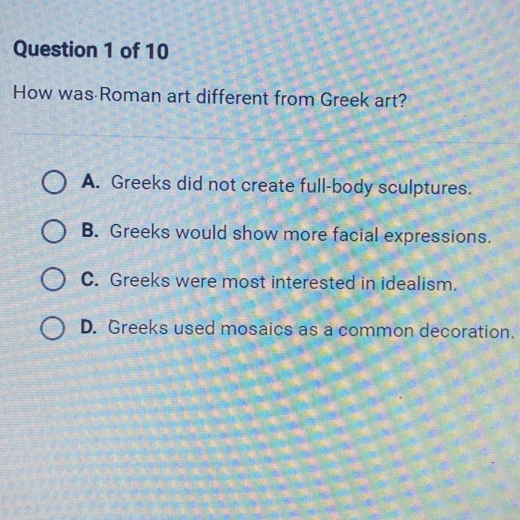 HELP! how was roman art different from greek art?-example-1