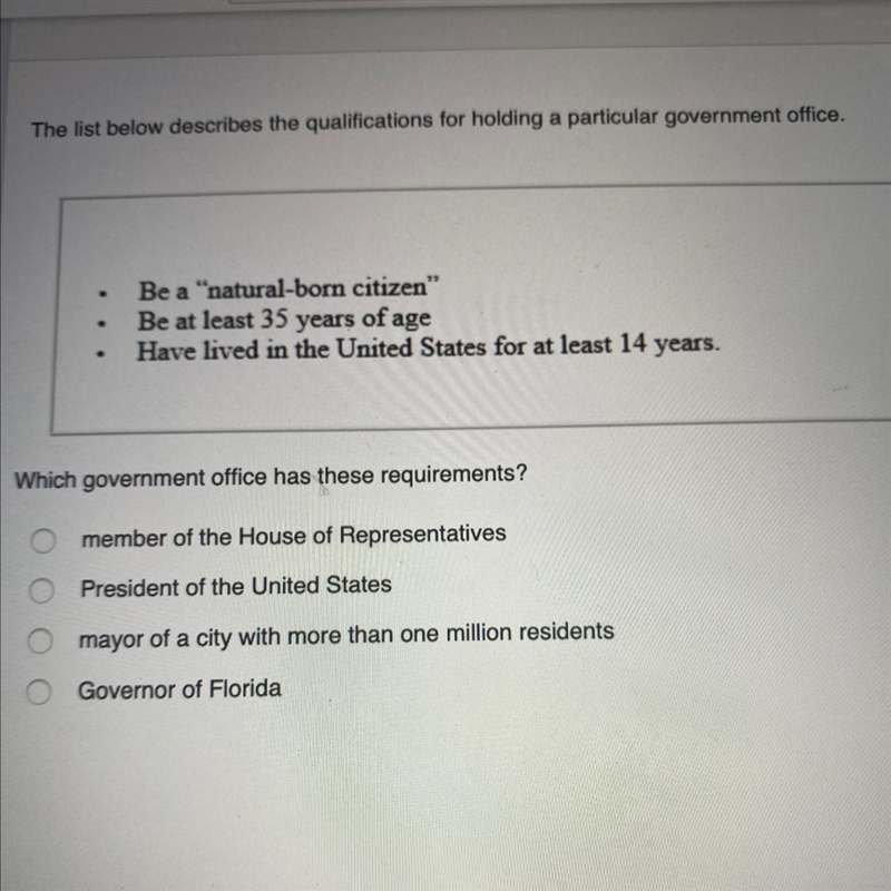 The list below describes the qualifications for holding a particular government office-example-1