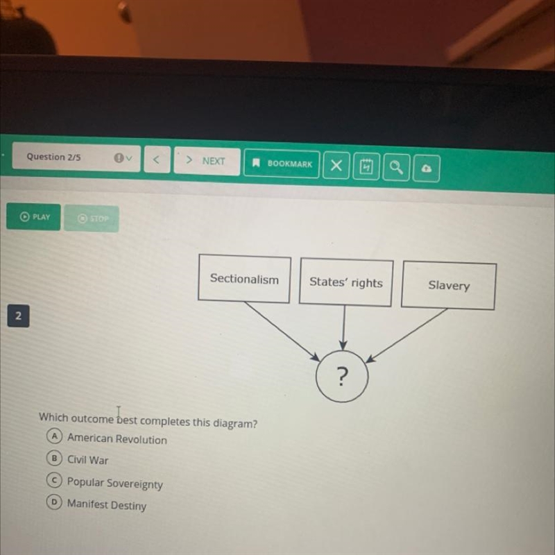 Sectionalism States' rights Slavery 2 ? Which outcome best completes this diagram-example-1