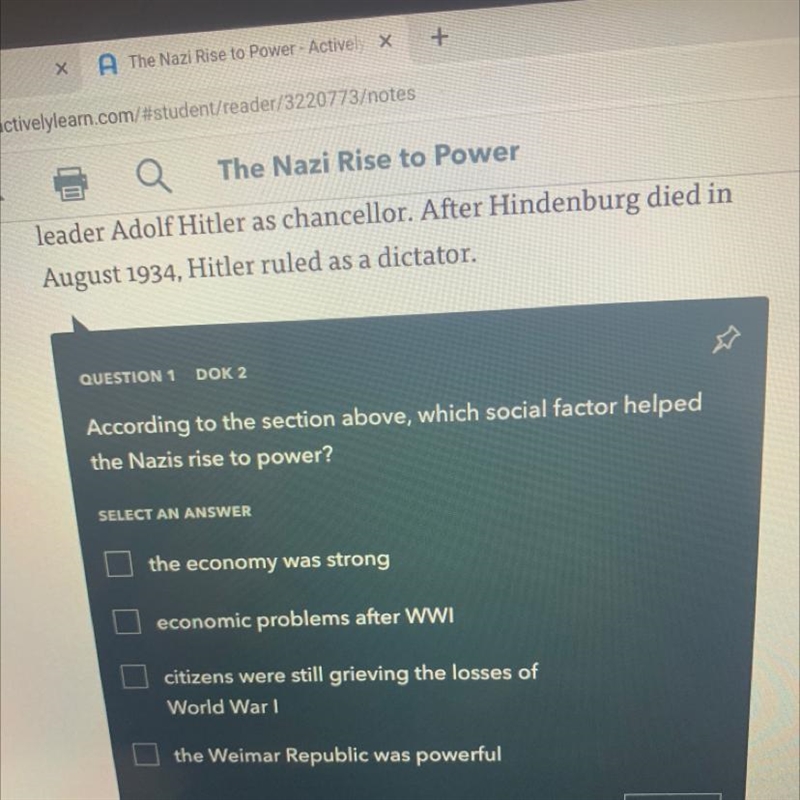 According to the section above, which social factor helped the Nazis rise to power-example-1