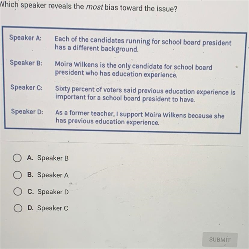 Which speaker reveals the most bias toward the issue? A. Speaker B B. Speaker A C-example-1