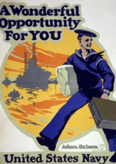 What is the message of this poster? Young men should join the navy. Opportunities-example-1