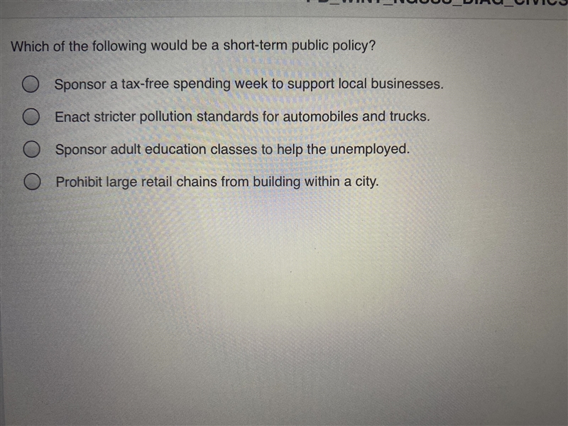 Which of the following would be a short term public policy-example-1