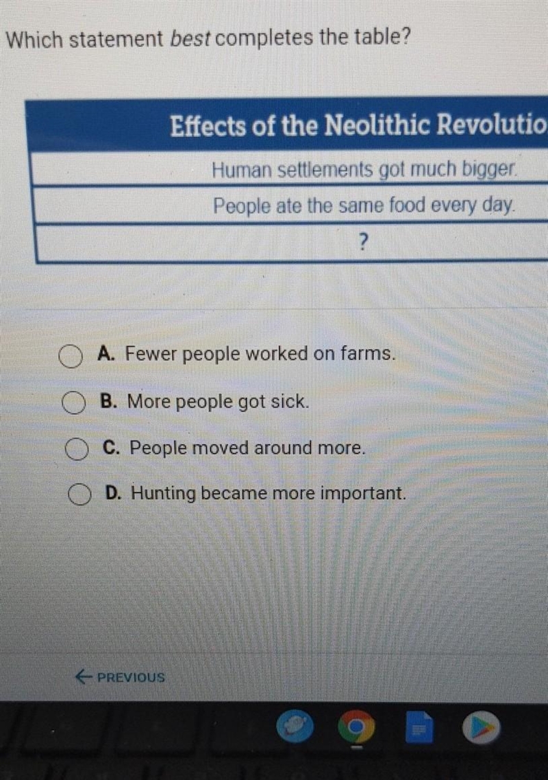 PLZ HELP ASAP....which statement best completes the table effects on the neolothic-example-1