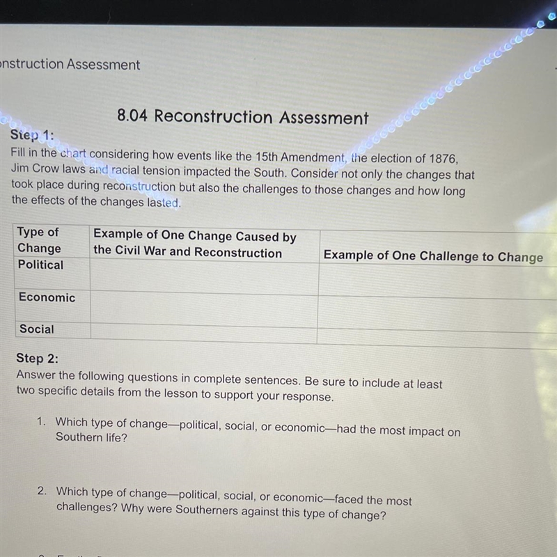 8.04 Reconstruction Assessment Step 1: Fill in the chart considering how events like-example-1