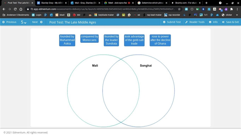 Determine which phrases relate to the kingdoms of Mali, Songhai, or both.-example-1