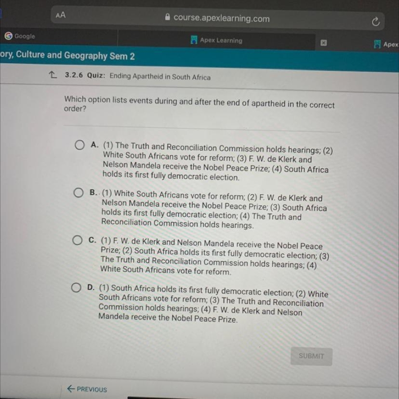 Which option lists events during and after the end of apartheid in the correct order-example-1