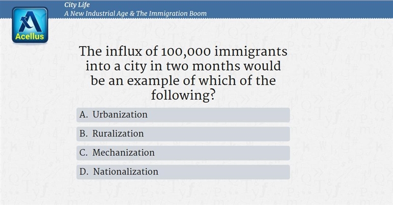 The influx of 100,000 immigrants into a city in two months would be an example of-example-1