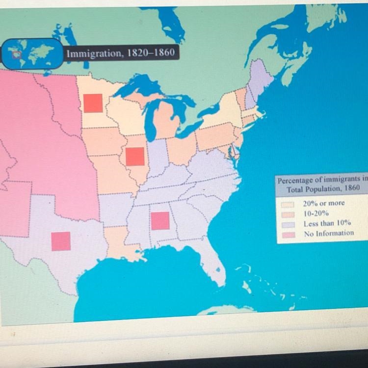 Select the correct location on the map, Between 1820 and 1860, the United States received-example-1