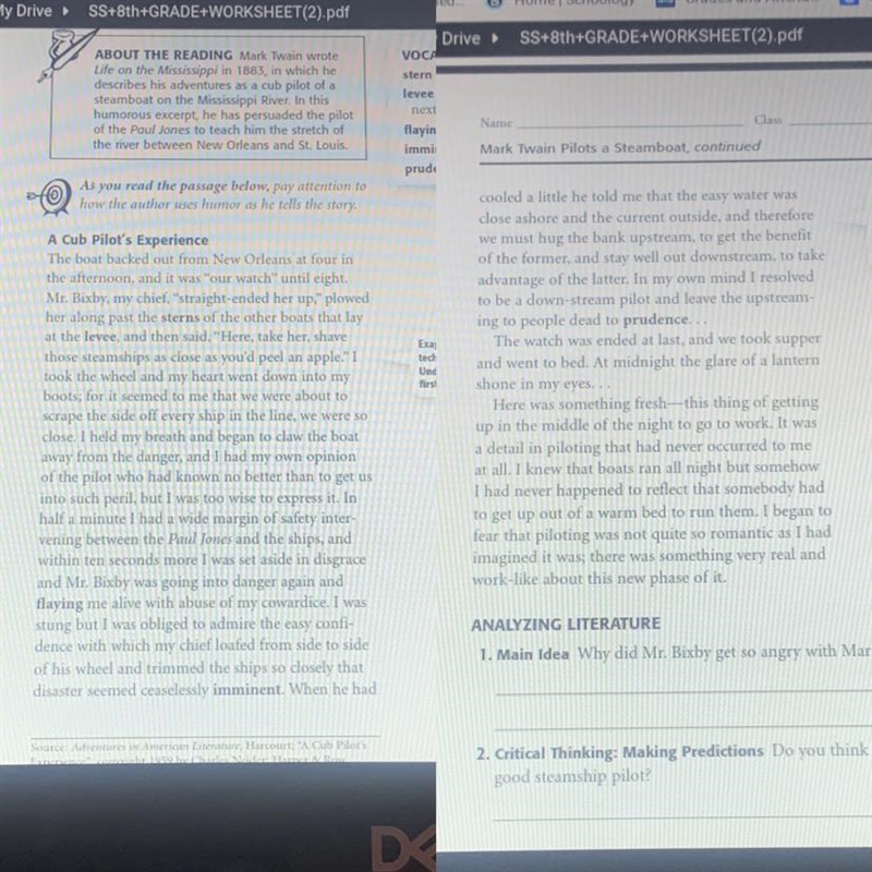 1. Main Idea Why did Mr. Bixby get so angry with Mark Twain? 2. Critical Thinking-example-1