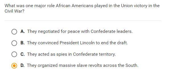 What was one major role African Americans played in the Union victory in the Civil-example-1