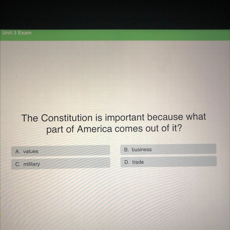 The Constitution is important because what part of America comes out of it? A values-example-1