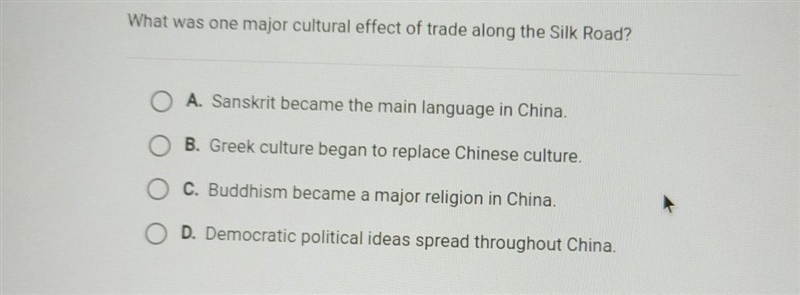 What was one major cultural effect of trade along the Silk Road? O A. Sanskrit became-example-1