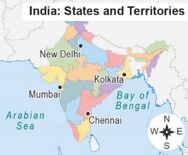 A map titled India: States and Territories. India is divided into regions, each a-example-1