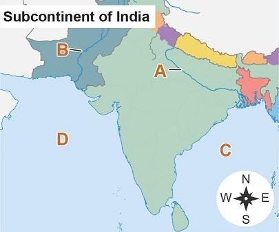 Which location on the map shows the Indus River? A B C D-example-1