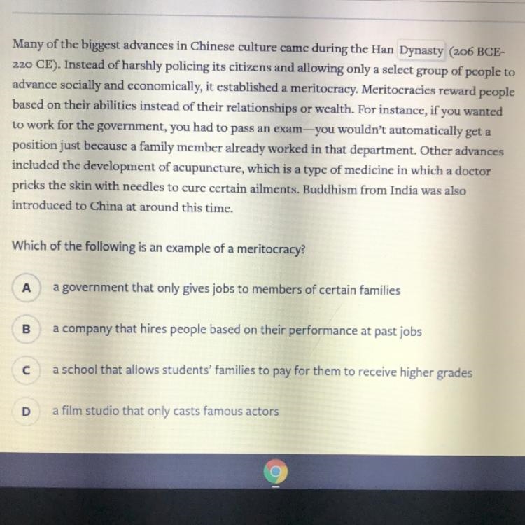 Which of the following is an example of a meritocracy? А a government that only gives-example-1