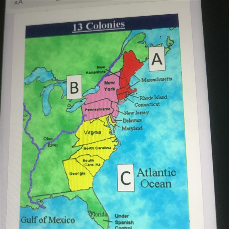 Based on Map #1, the mid-Atlantic colonies are labeled as which letter? * O Region-example-1