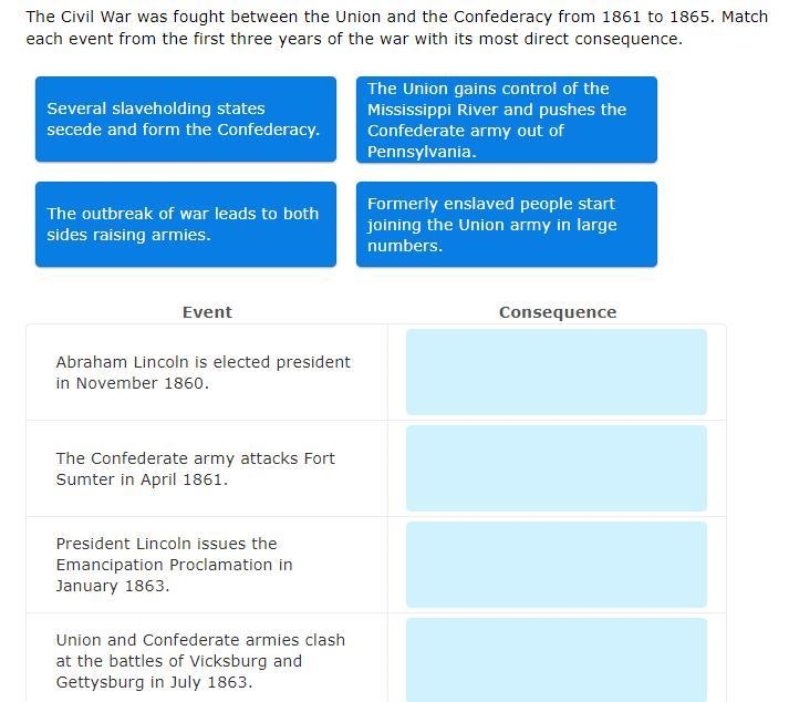 The Civil War was fought between the Union and the Confederacy from 1861 to 1865. Match-example-1