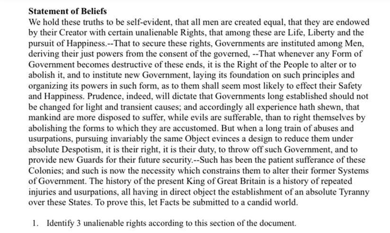 Identify 3 unalienable rights according to this section of the document.-example-1