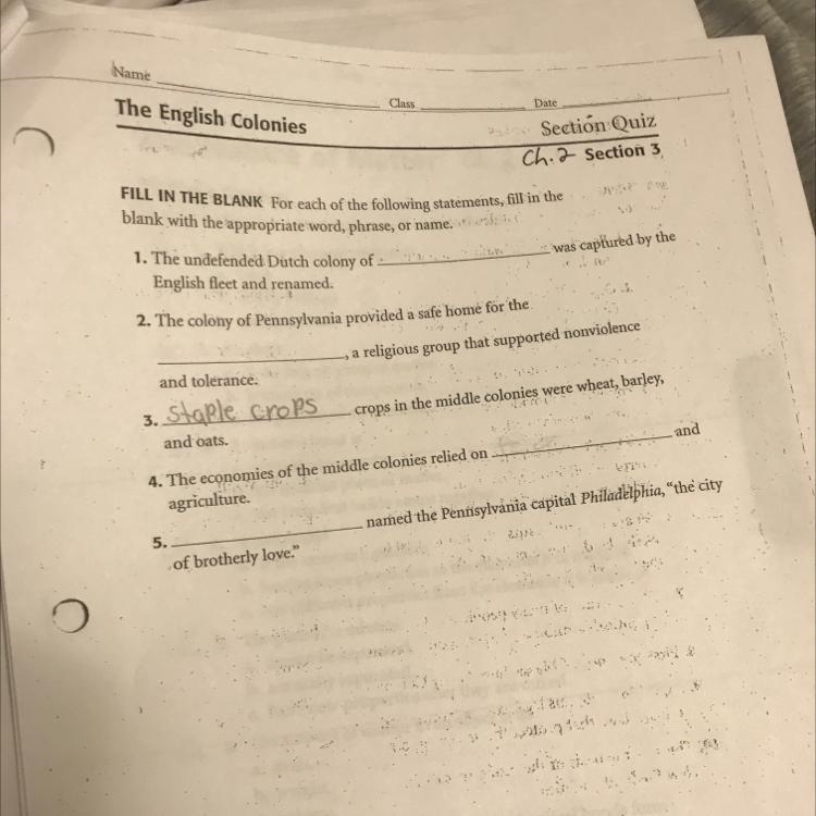 The English Colonies Section Q412 Ch. 2 Section 3 FILL IN THE BLANK For each of the-example-1