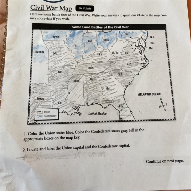 25 POINTS!! Pls help Locate and label the Union capital and the Confederate capital-example-1