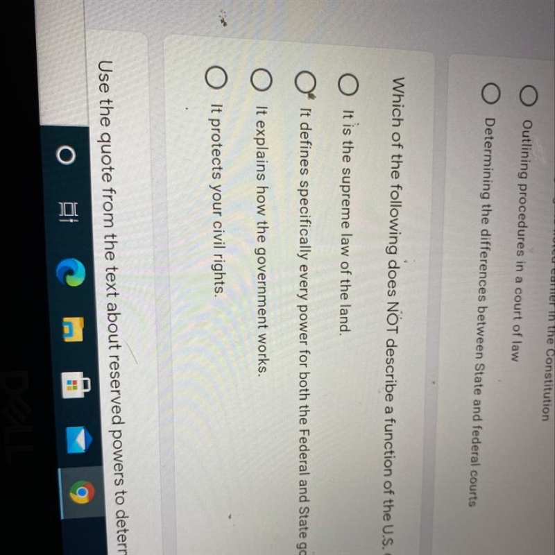 Which of the following does NOT describe a function of the U.S. Constitution?-example-1