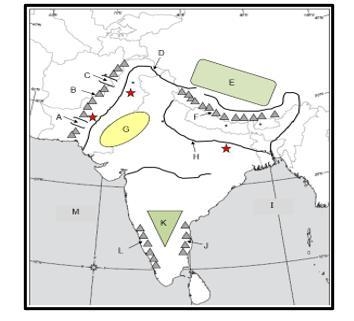 Which letters on the above map best represent the mountain passes in the Hindu Kush-example-1